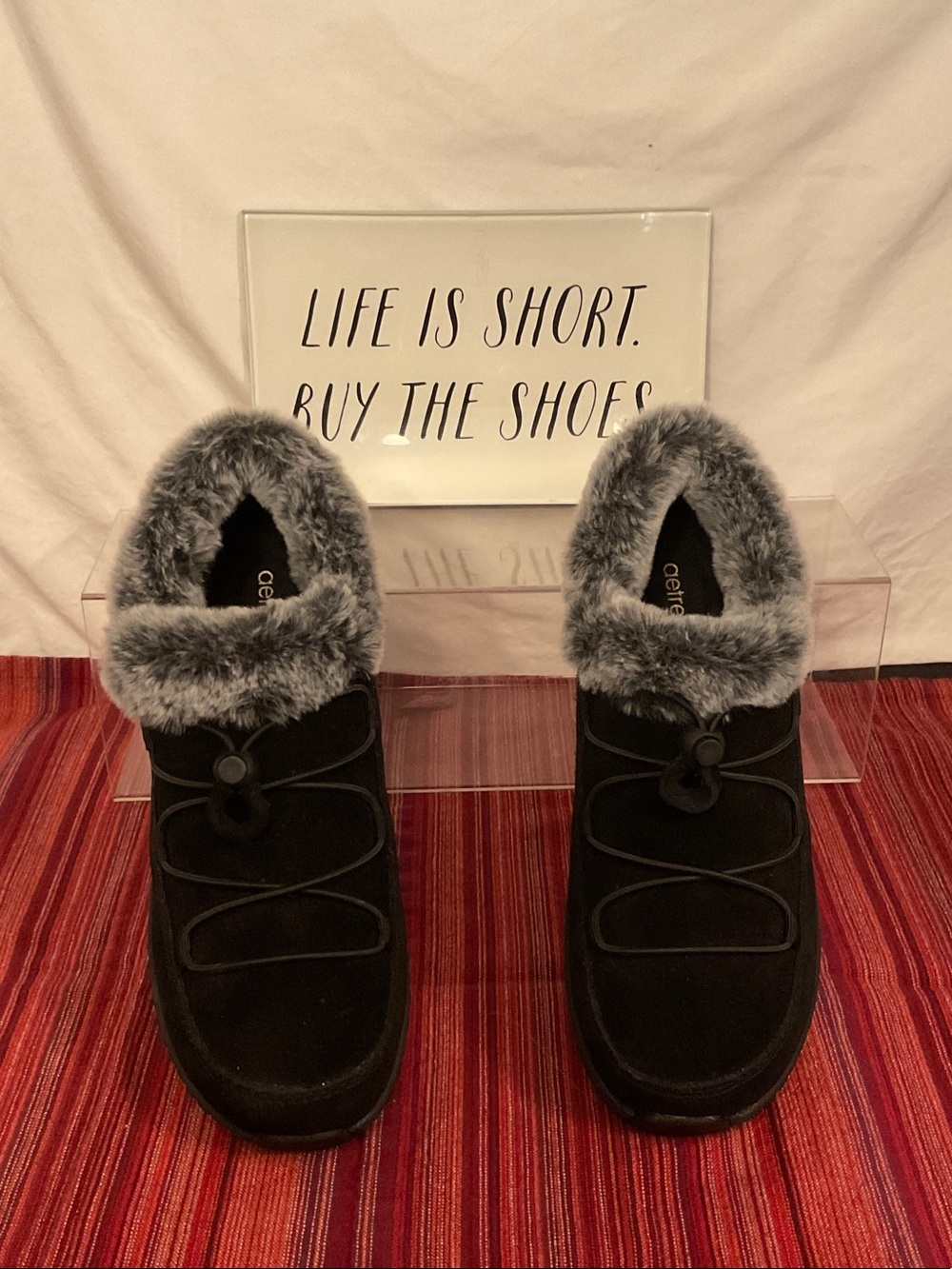 Womens Aetrex Chrissy Slip-On Black Suede Faux Fur Collar Booties  Size 5 - 5.5